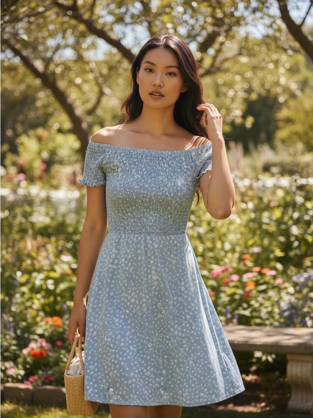 Pink Rose Blue Floral Smocked Mini Dress S